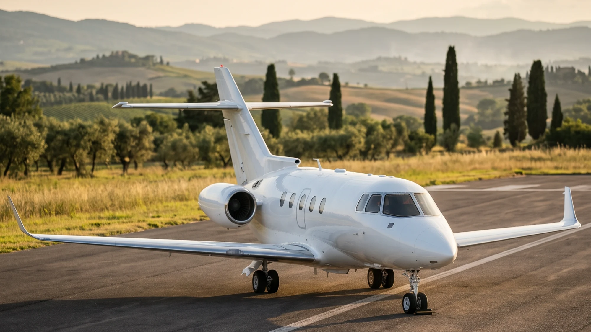 White midsize jet on the runway with the Tuscan hills at sunset