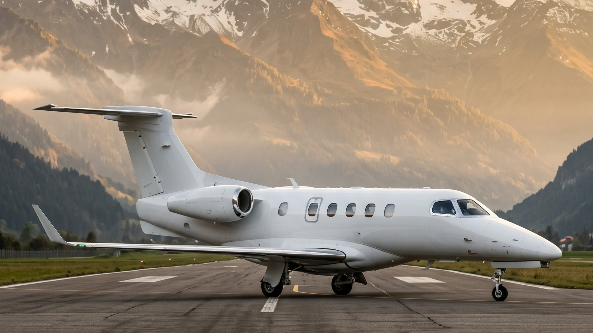 White light jet on the runway with the snow-capped Alps at sunset